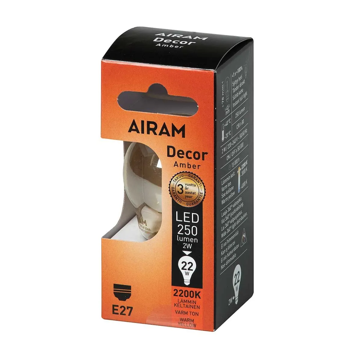 AIRAM LED AMBER ANTIIKKI KORISTELAMPPU 2,5W 2200K KIRKAS E27, 250LM, 15,000H