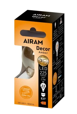 AIRAM LED AMBER ANTIIKKI KORISTELAMPPU 2,5W 2200K KIRKAS E27, 250LM, 15,000H