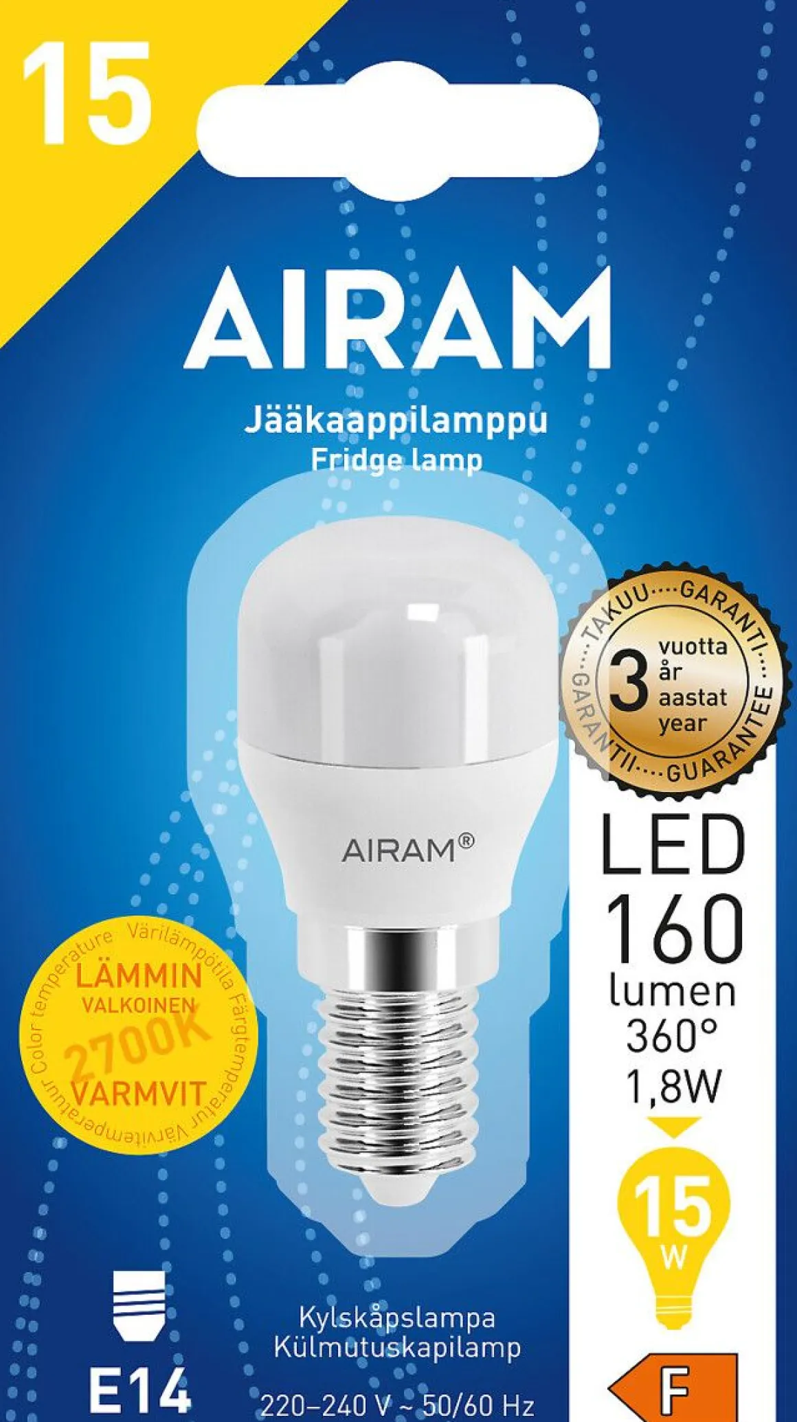 AIRAM LED JÄÄKAAPPILAMPPU 1,8W E14 160LM, 2700K, 15 000H