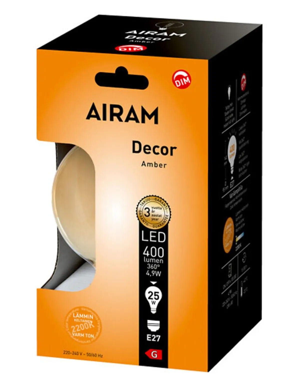 AIRAM LED LAMPPUDEC FG GLOBE-95 4,9W 400LM E27 2200K AMBER