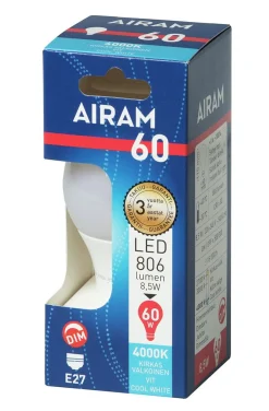 AIRAM LED VAKIOLAMPPU 7,3W E27 4000K 806LM HIMMENNETTÄVÄ