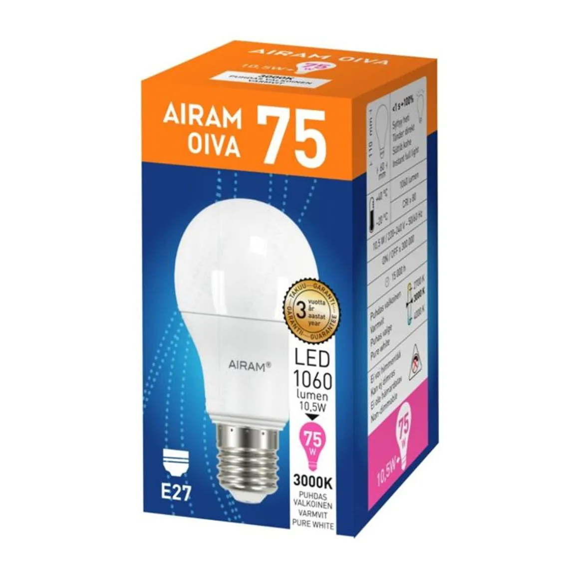 AIRAM OIVA LED VAKIOLAMPPU 10,5W E27 1060LM 3000K