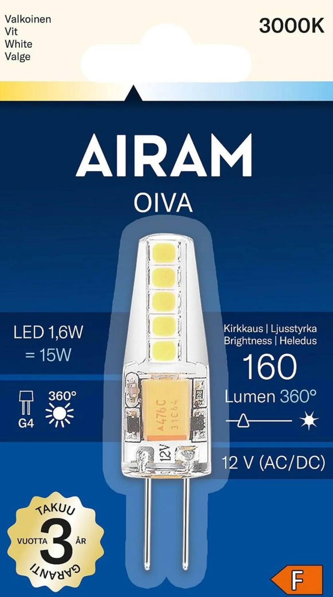 AIRAM OIVA PIENOISLAMPPU 1,6W G4 12V 3000K 160LM
