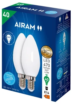 AIRAM OPAL LED KYNTTILÄLAMPPU 2PACK 4,5W CANDLE E14, 4000K 470 LM 12 000H