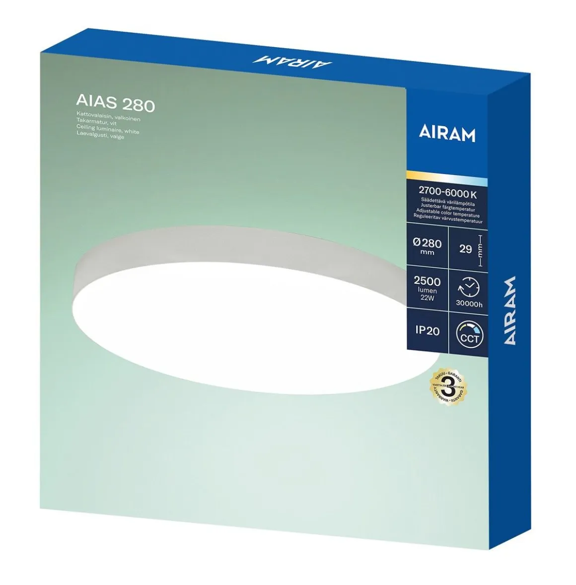 AIRAM AIAS KATTOPLAFONDI 280 22W 2500LM IP20 CCT