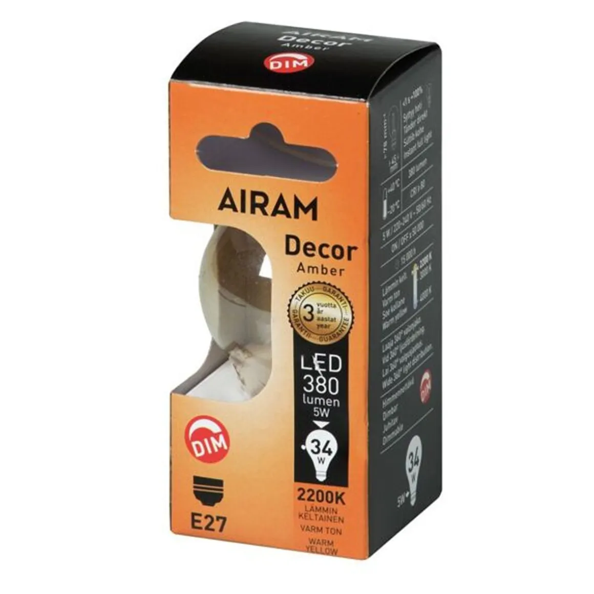 AIRAM LED AMBER ANTIIKKI KORISTELAMPPU 4,5W 2200K KIRKAS E27 380LM HIMMENNYS