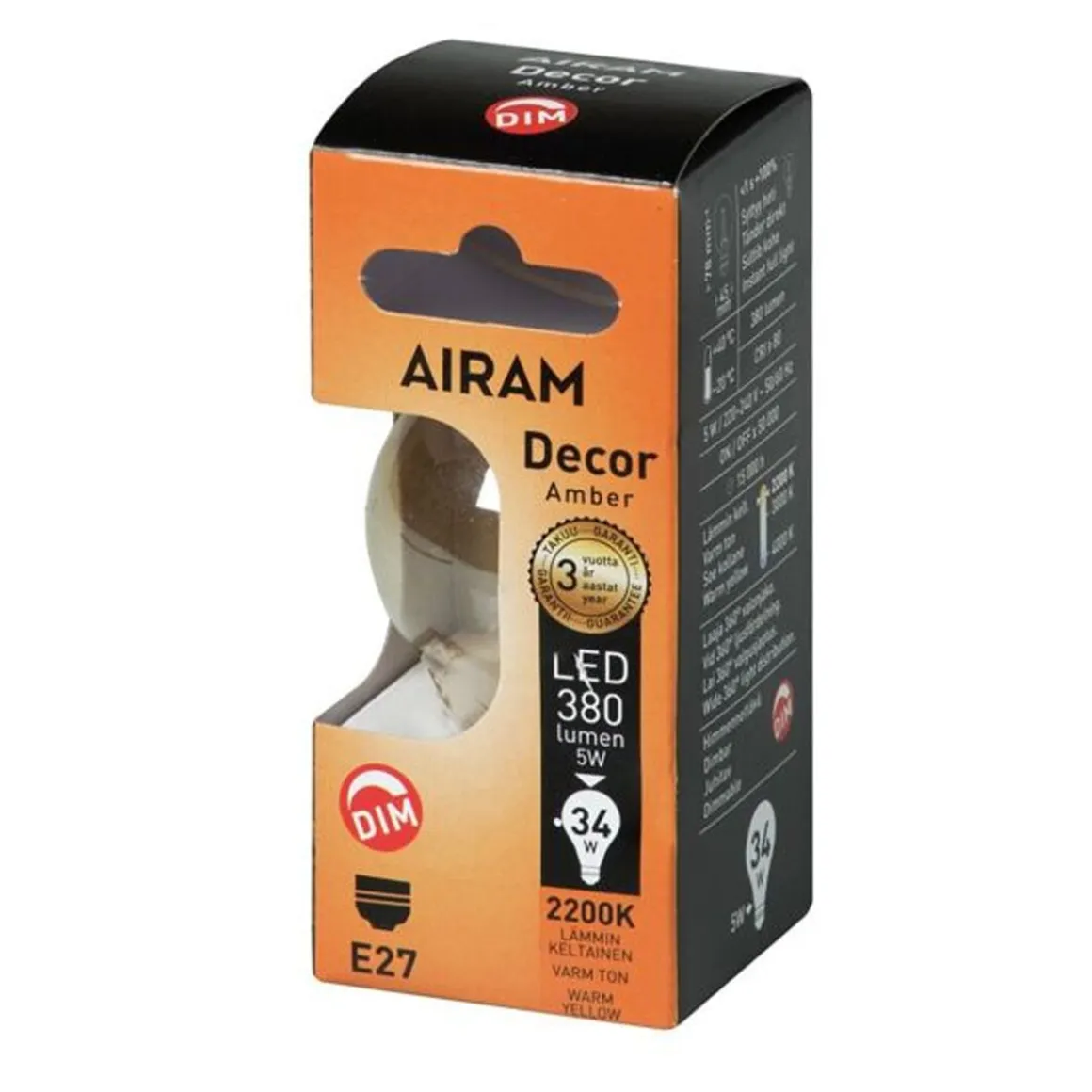 AIRAM LED AMBER ANTIIKKI KORISTELAMPPU 4,5W 2200K KIRKAS E27 380LM HIMMENNYS