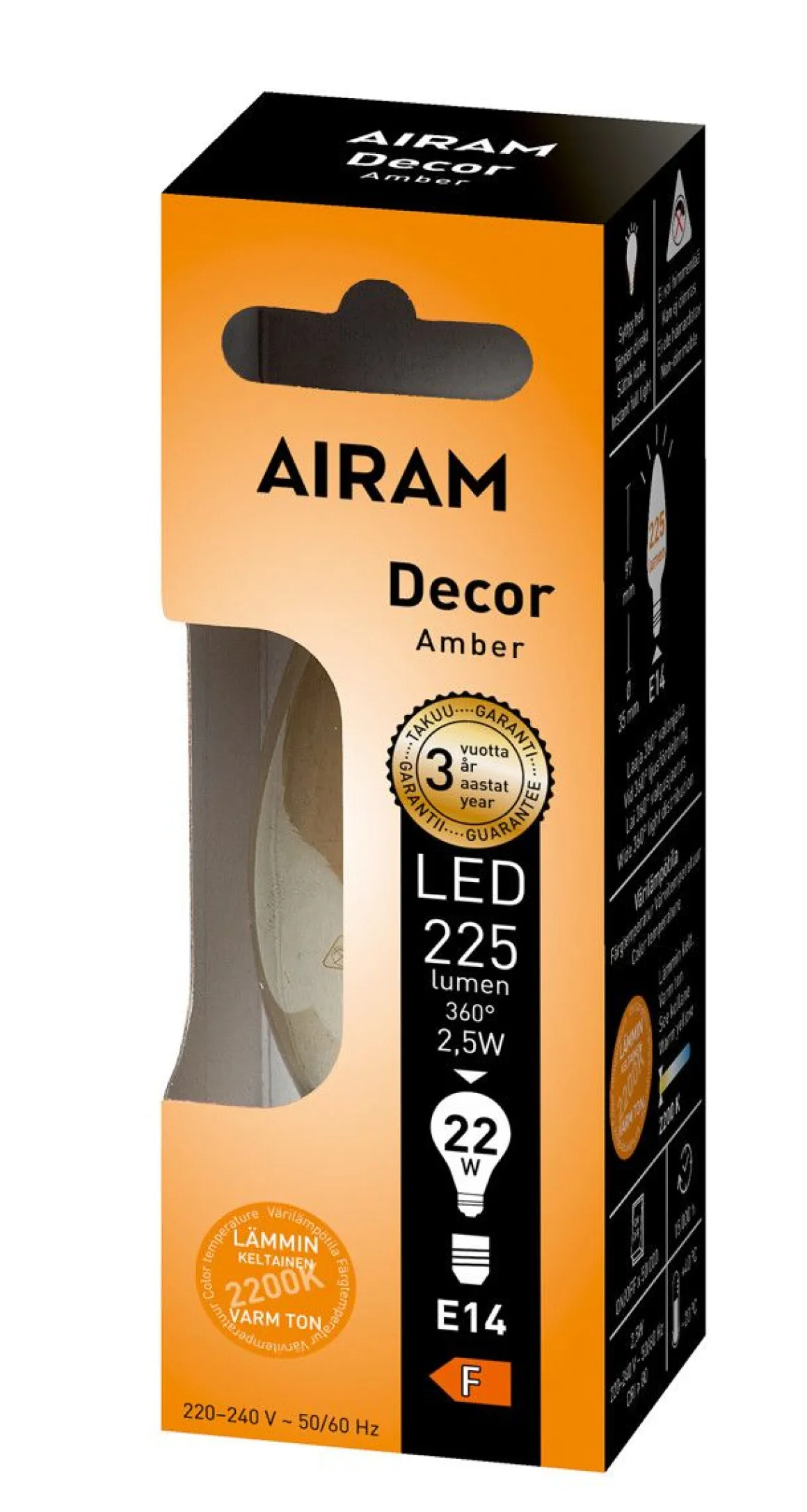 AIRAM LED AMBER ANTIIKKI KYNTTILÄLAMPPU 4,5W 360LM E14 2200K KIRKAS HIMMENNETTÄVÄ