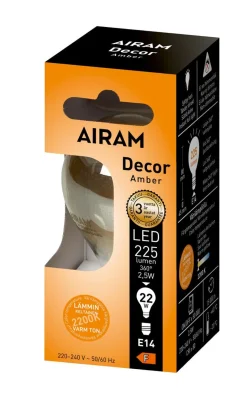AIRAM LED AMBER ANTIIKKI MAINOSLAMPPU 2,5W 2200K KIRKAS E14, 250LM, 15 000H