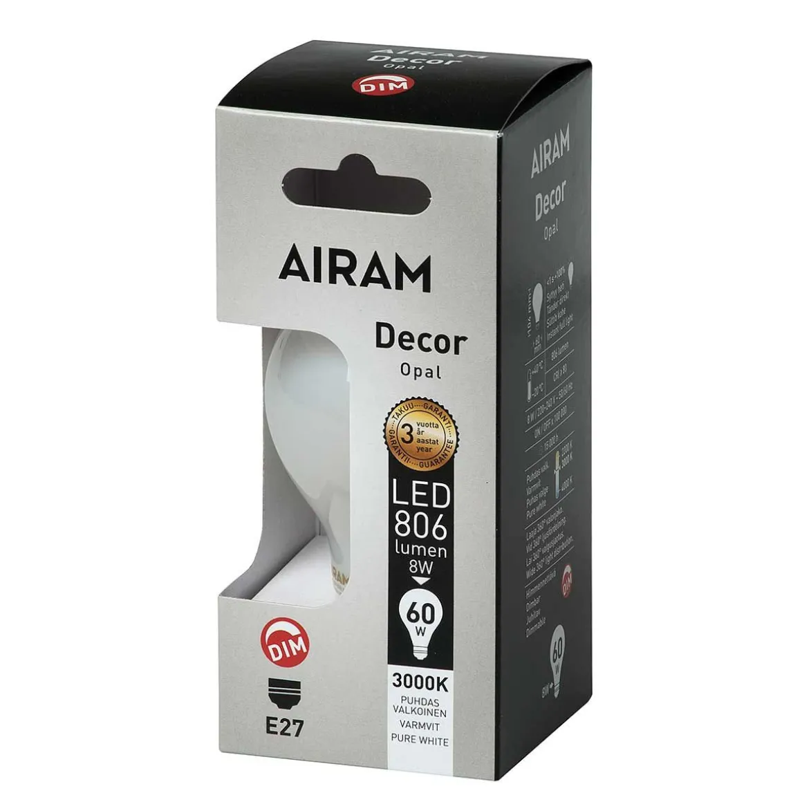 AIRAM LED DECOR VAKIOLAMPPU OPAALI 7W E27 806LM HIMMENTÄVÄ