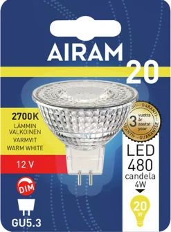 AIRAM LED KOHDELAMPPU MR16 FG 3,7W GU5.3 12V 260LM/480CD, HIMMENNETTÄVÄ
