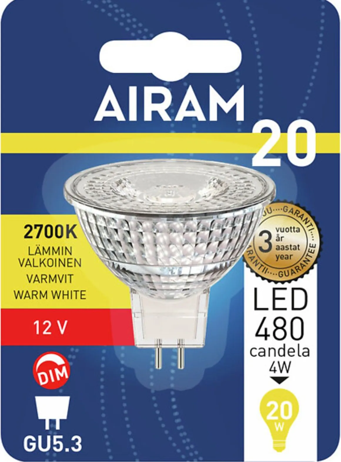AIRAM LED KOHDELAMPPU MR16 FG 3,7W GU5.3 12V 260LM/480CD, HIMMENNETTÄVÄ