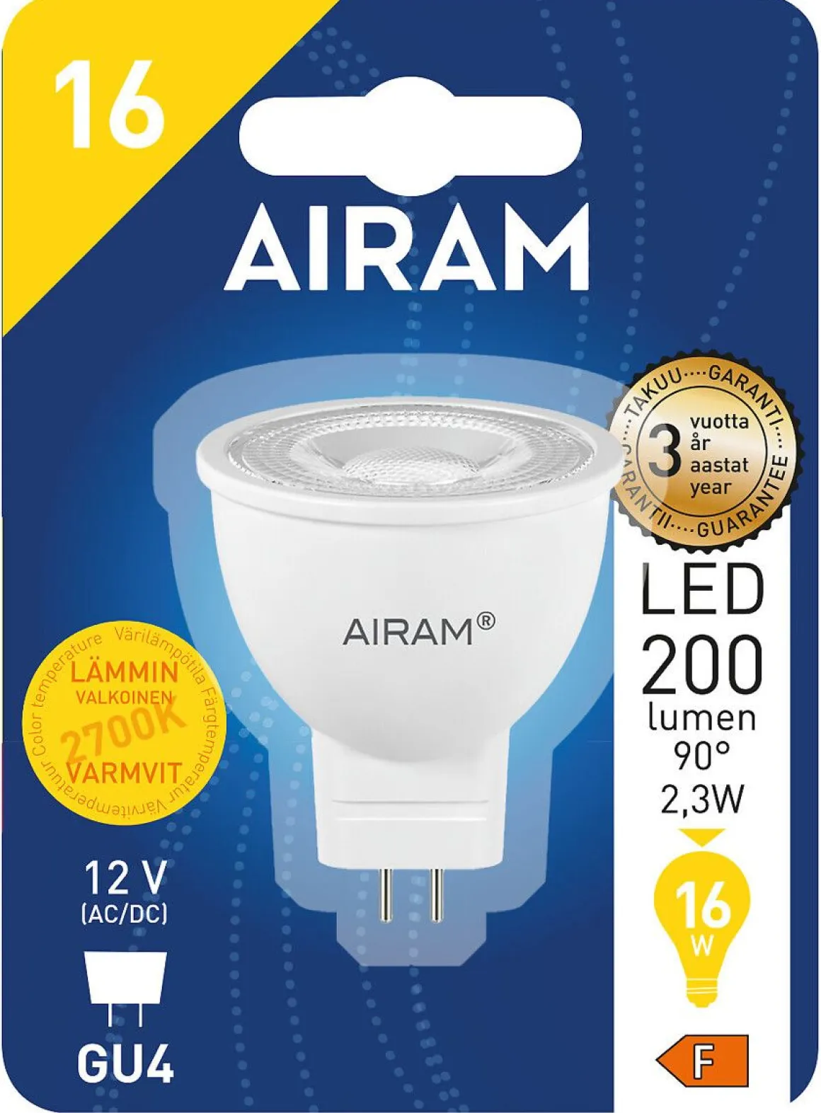AIRAM LED KOHDELAMPPU 2,3W GU4 MR11 12V, 200 LM, 500 CD , 25 000H