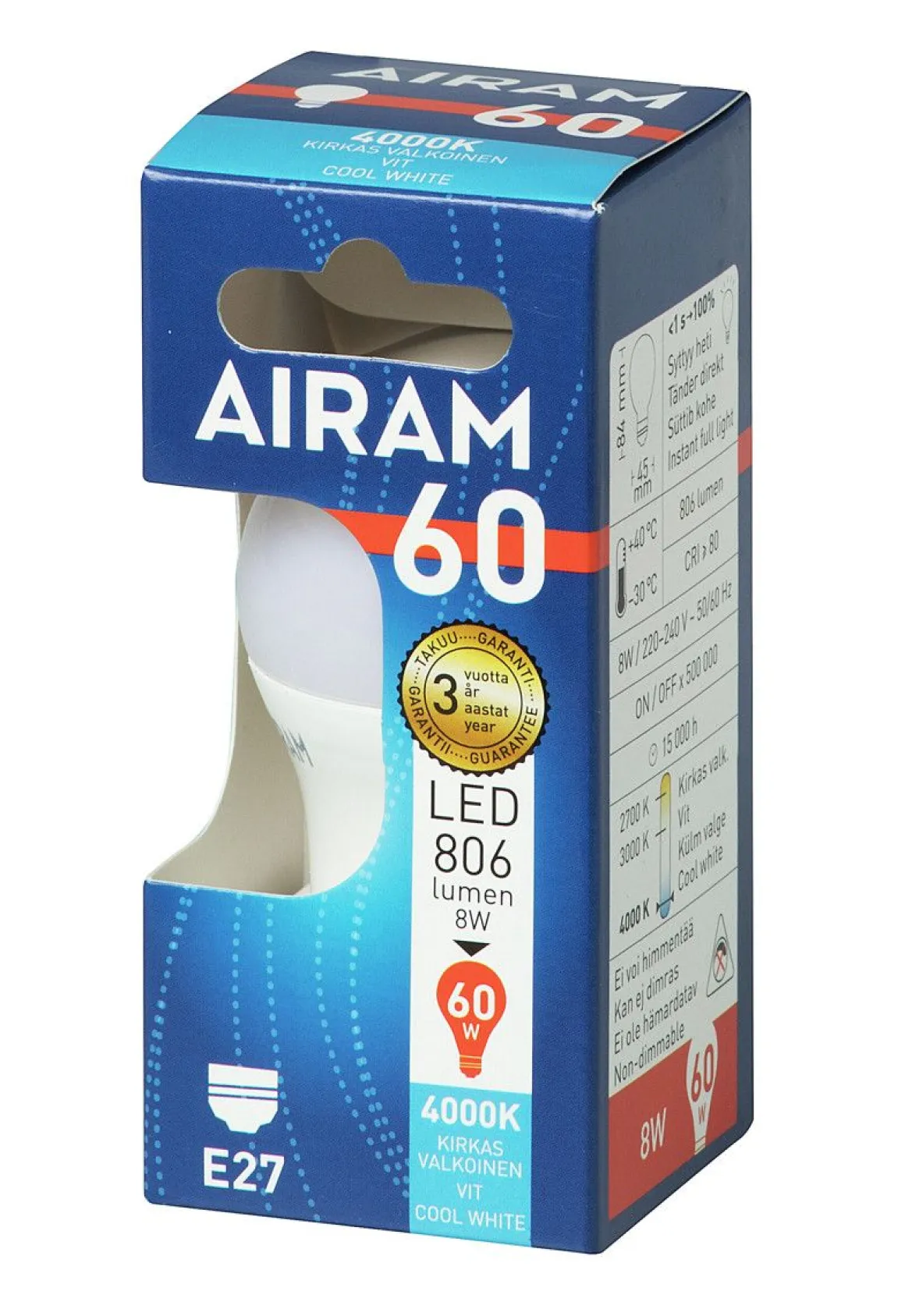 AIRAM LED KORISTELAMPPU 7,2W 4000K E27 806LM, 15 000H