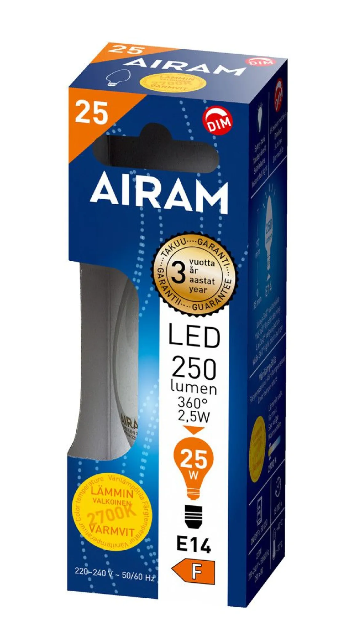 AIRAM LED KYNTTILÄLAMPPU KIRKAS 2,5W E14 250LM, HIMMENETTÄVÄ, 15 000H