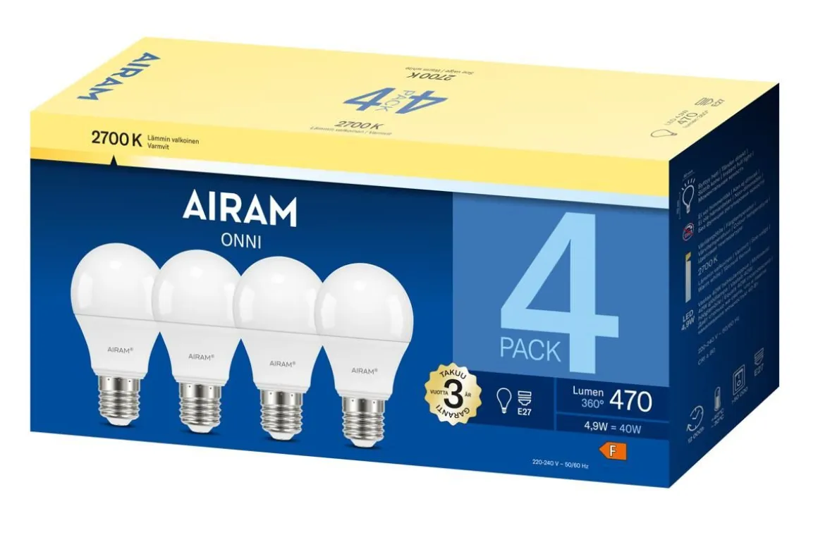 AIRAM LED VAKIOLAMPPU 4,9W 470 LM. 4-PACK E27, 2700K