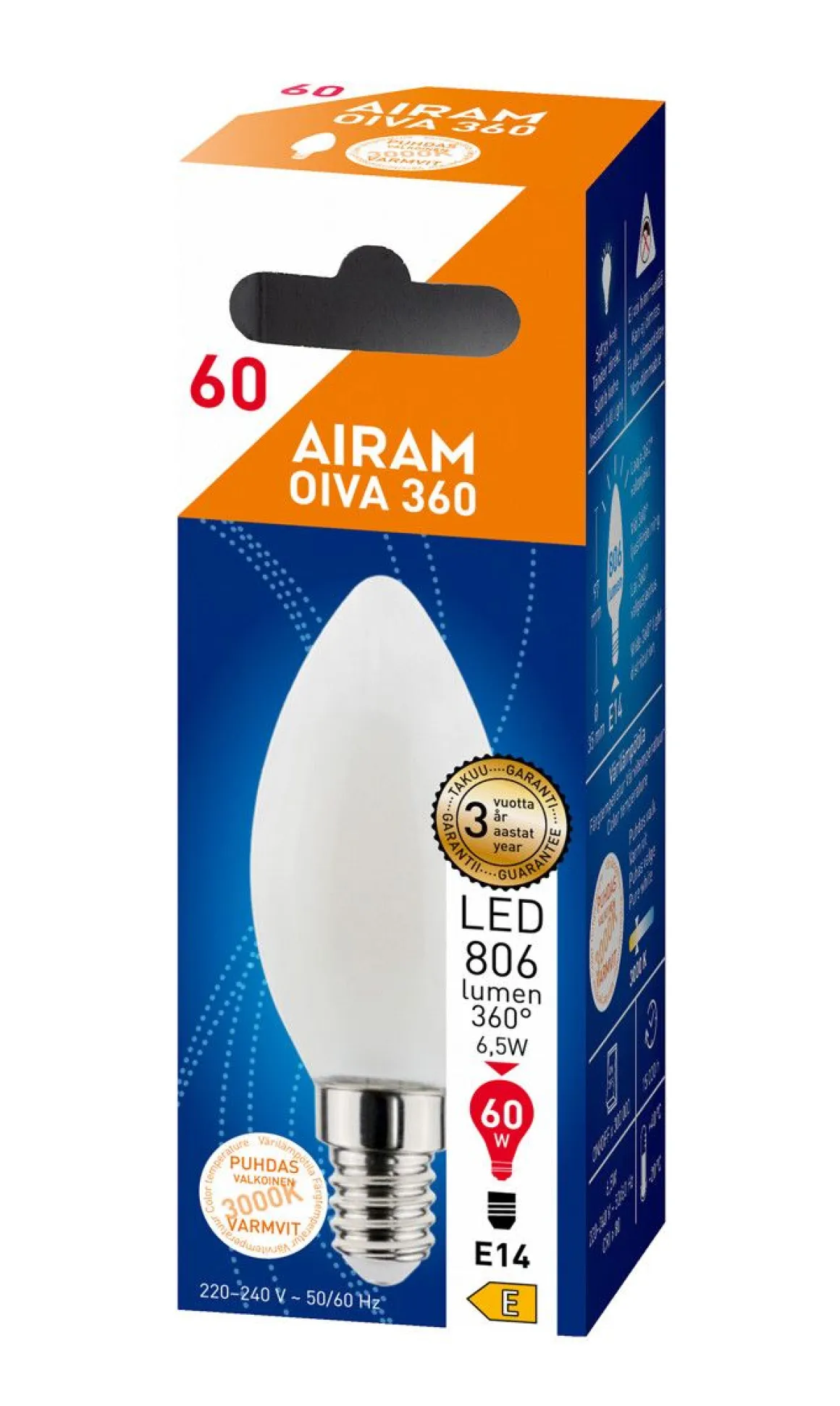 AIRAM OIVA LED KYNTTILÄLAMPPU 360 6,5W 806LM E14 3000K