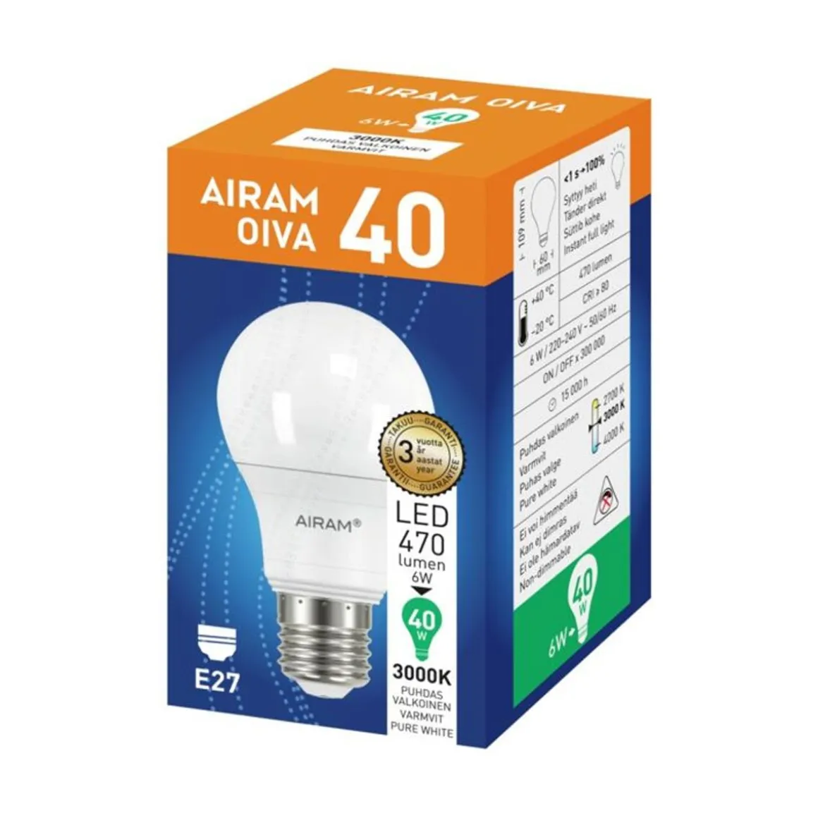 AIRAM OIVA LED VAKIOLAMPPU OPAALI 4,9W E27 470LM, 3000K