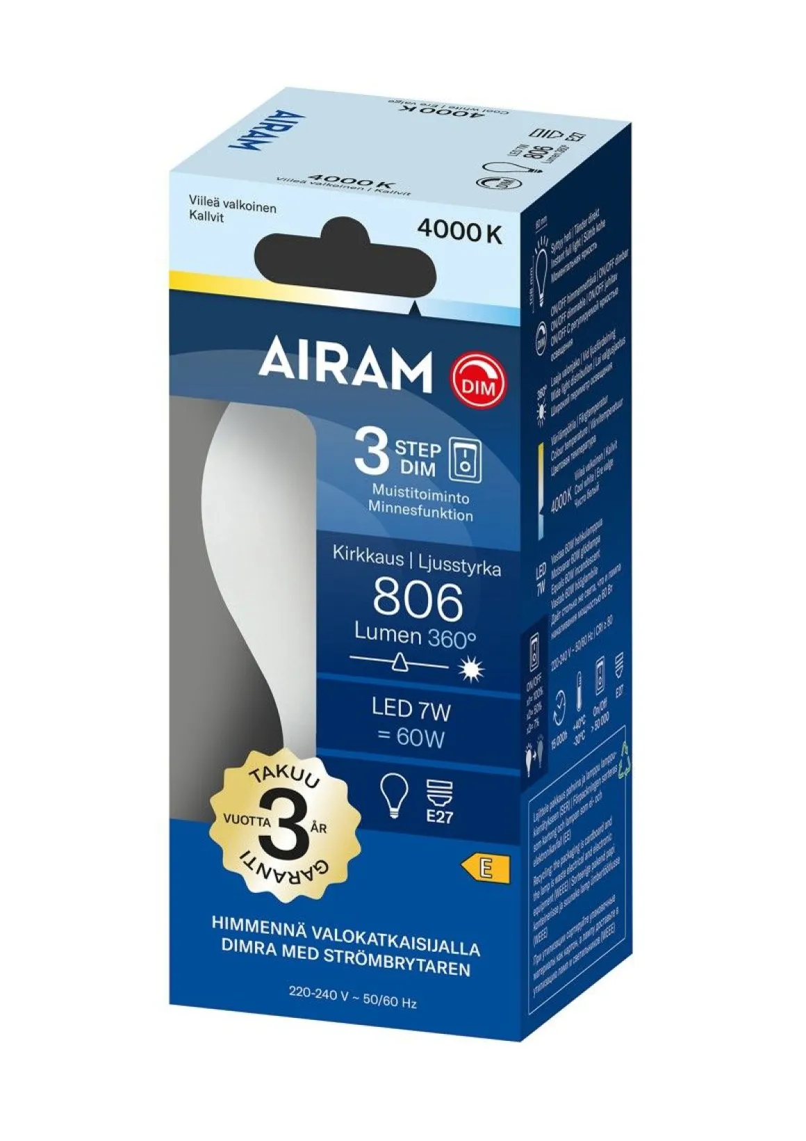 AIRAM OTSO LED 3-STEP VAKIOKUPULAMPPU 360° 7W E27 4000K DIM 806LM