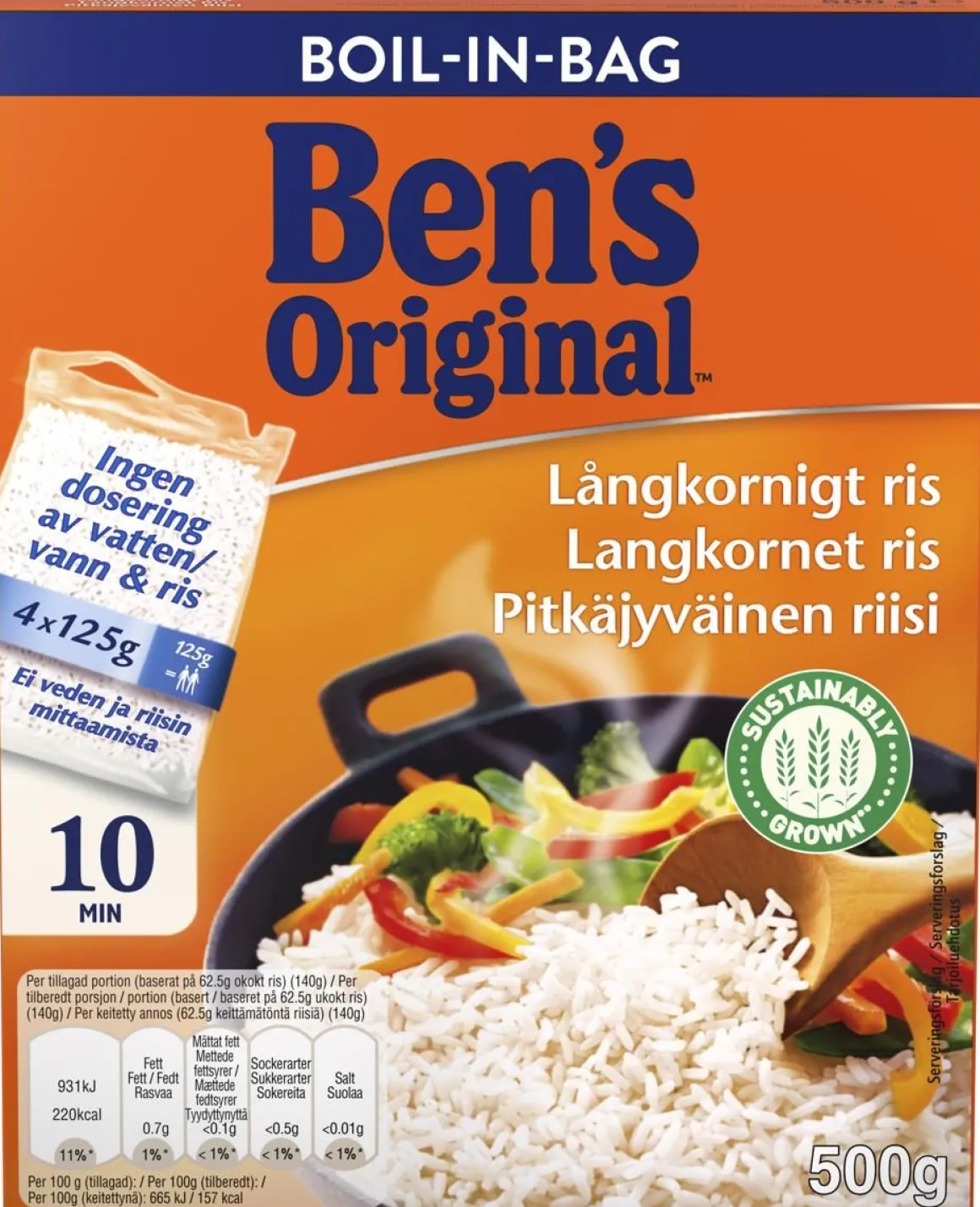 BEN'S ORIGINAL PITKÄJYVÄINEN RIISI KEITINPUSSI 4X125G 500 G