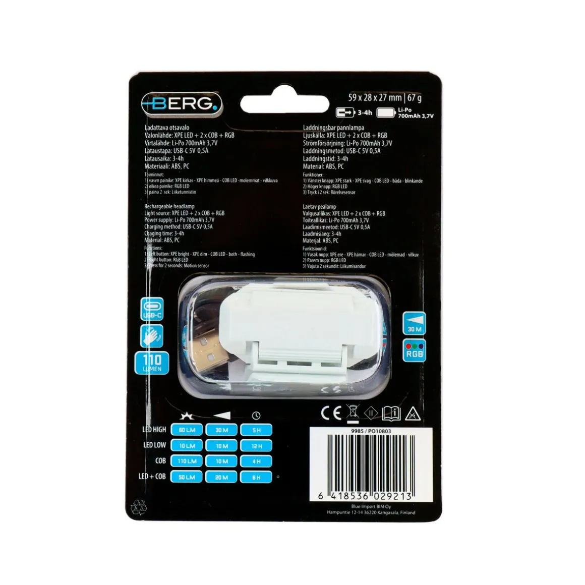 BERG OTSALAMPPU LADATTAVA XPE+COB 110LM LIIKETUNNISTIN RGB VALKOINEN