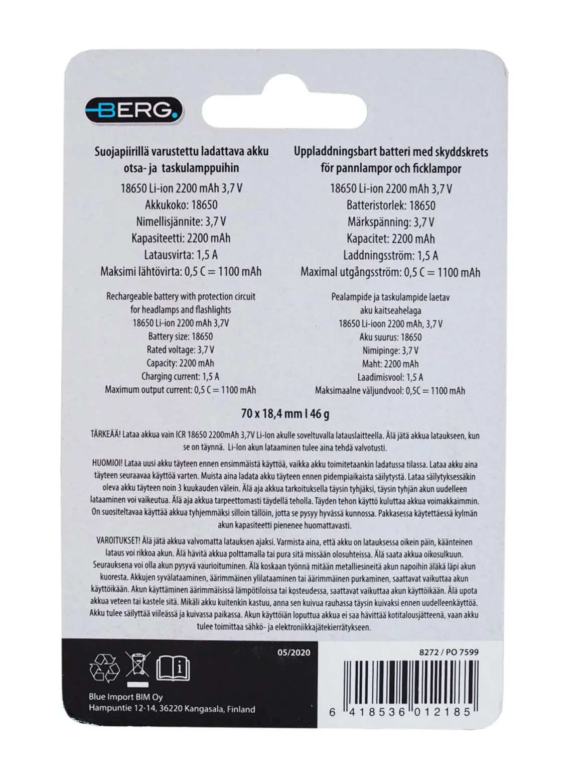 BERG VARA-AKKU 18650 LI-ION 2200 MAH 3,7V