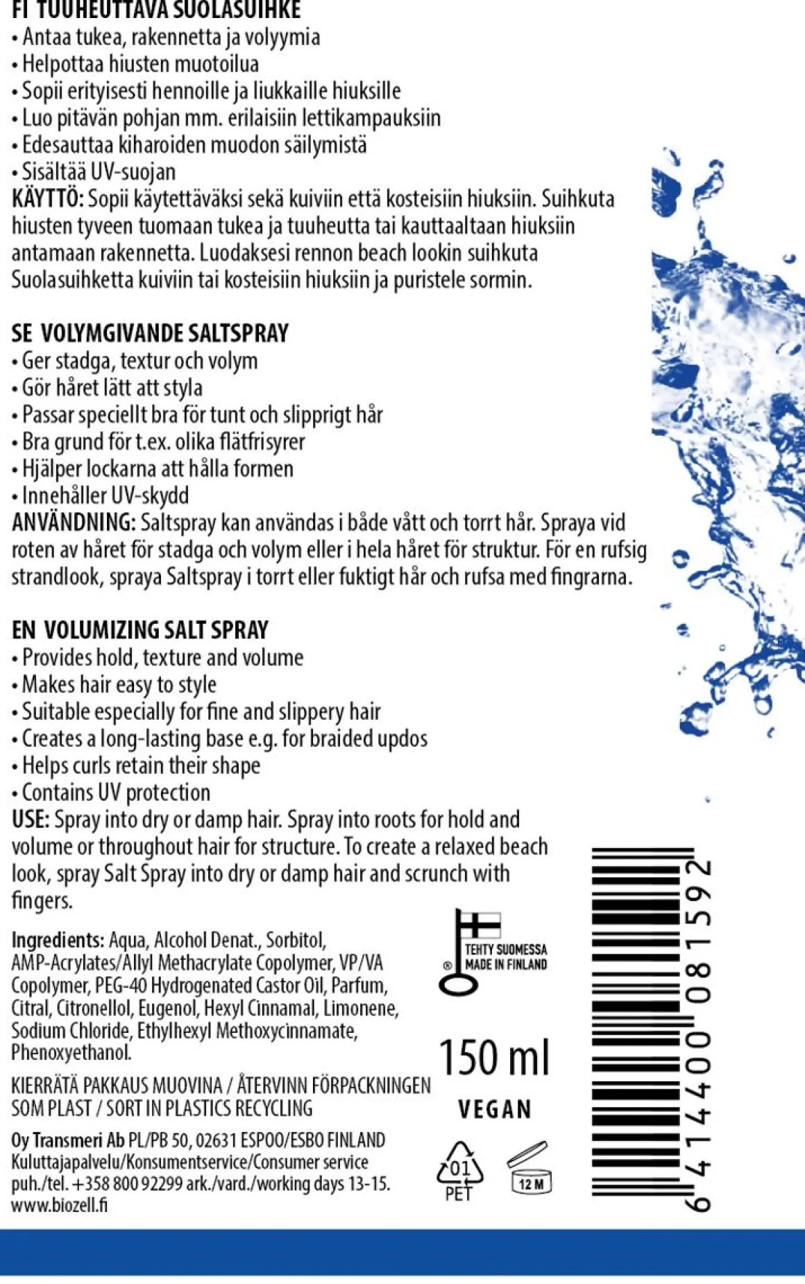 BIOZELL PROFESSIONAL TUUHEUTTAVA SUOLASUIHKE 150 ML