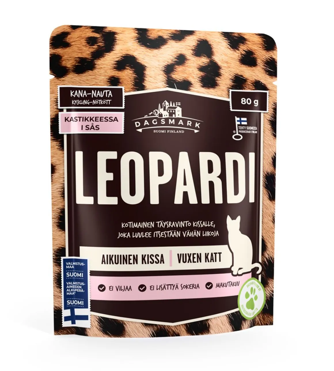 DAGSMARK LEOPARDI KISSAN ANNOSATERIA KANA-NAUTA KASTIKKEESSA