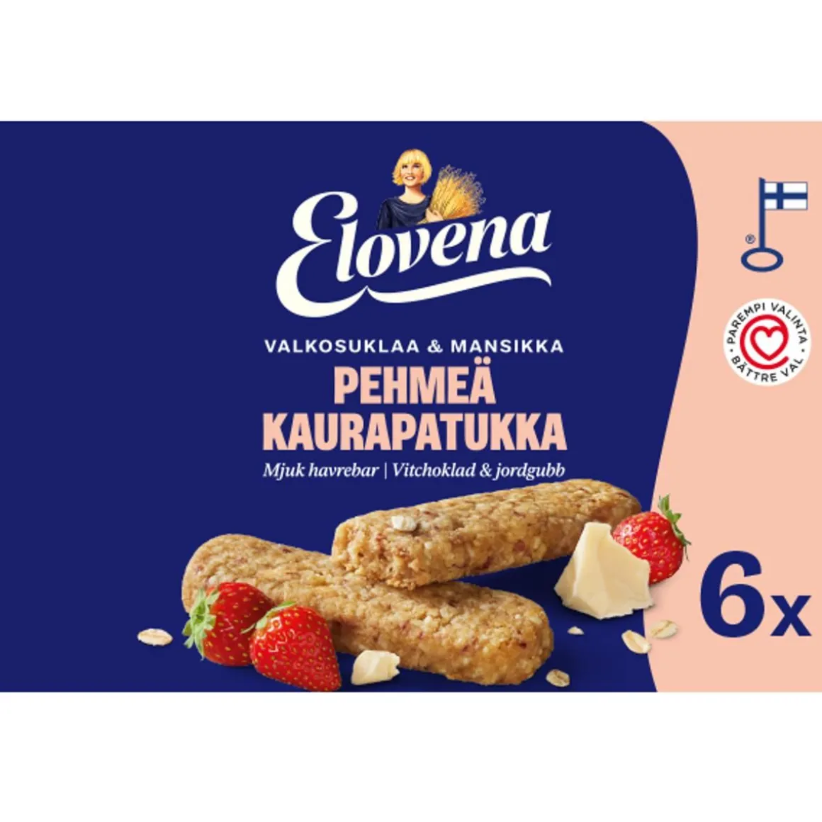 ELOVENA VALKOSUKLAA-MANSIKKA PEHMEÄ KAURAPATUKKA 6-PACK 180 G