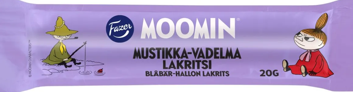 FAZER MOOMIN MUSTIKKA-VADELMA LAKRITSI PATUKKA 20 G