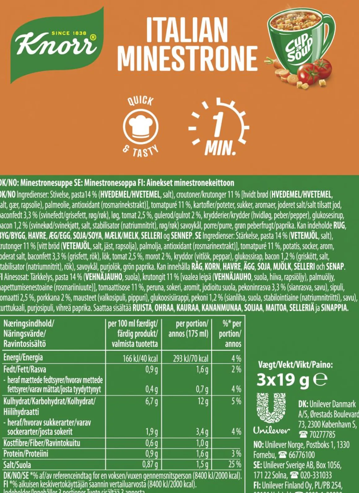 KNORR CUP A SOUP MINESTRONEKEITTO 3 PACK 57 G