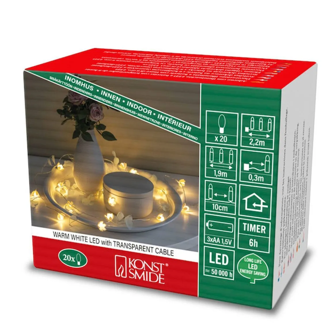 KONSTSMIDE VALOSARJA KUKAT, KIRKAS JA VALK, 20LED, AJ. 6H, 3XAA