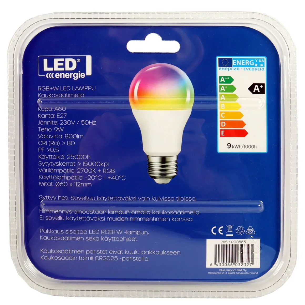 LED ENERGIE LED-VAKIOKUPULAMPPU 9W 800LM RGB+W 2700K A60/E27 KAUKOSÄÄTIMELLÄ