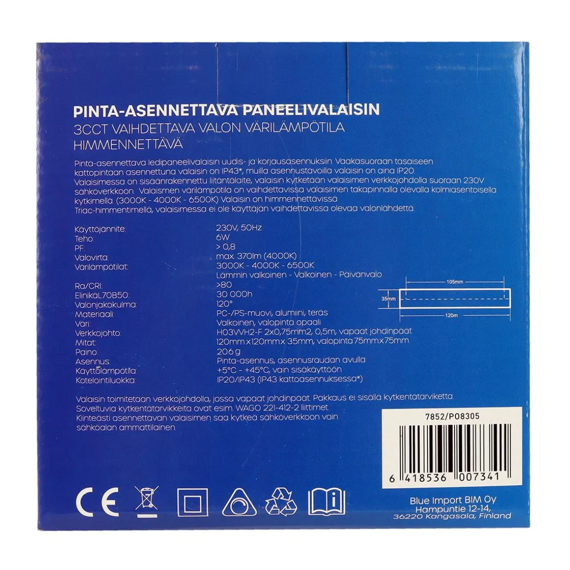 LED ENERGIE PANEELIVALAISIN LED 6W, 370LM, PINTA, 3CCT+HIMMENNE