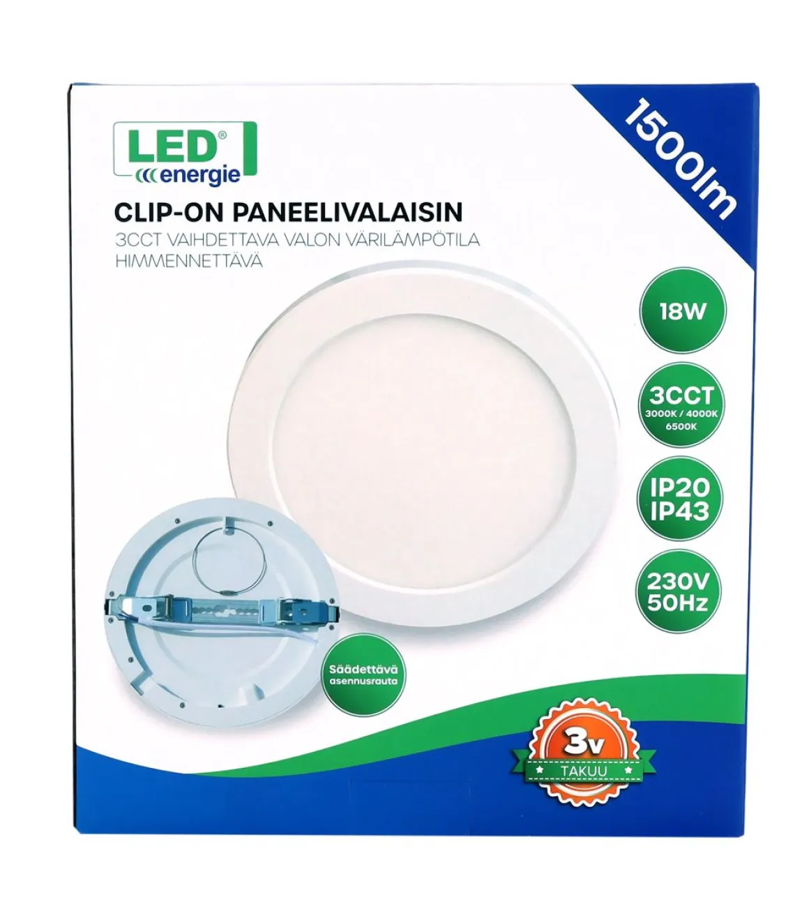 LED ENERGIE PANEELIVALAISIN CLIP-ON 3CCT DIM 12W, 900LM, 3000-4