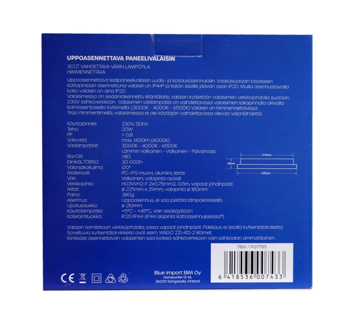 LED ENERGIE PANEELIVALAISIN LED 20W, 1400LM, UPPO, 3CCT+HIMMENN