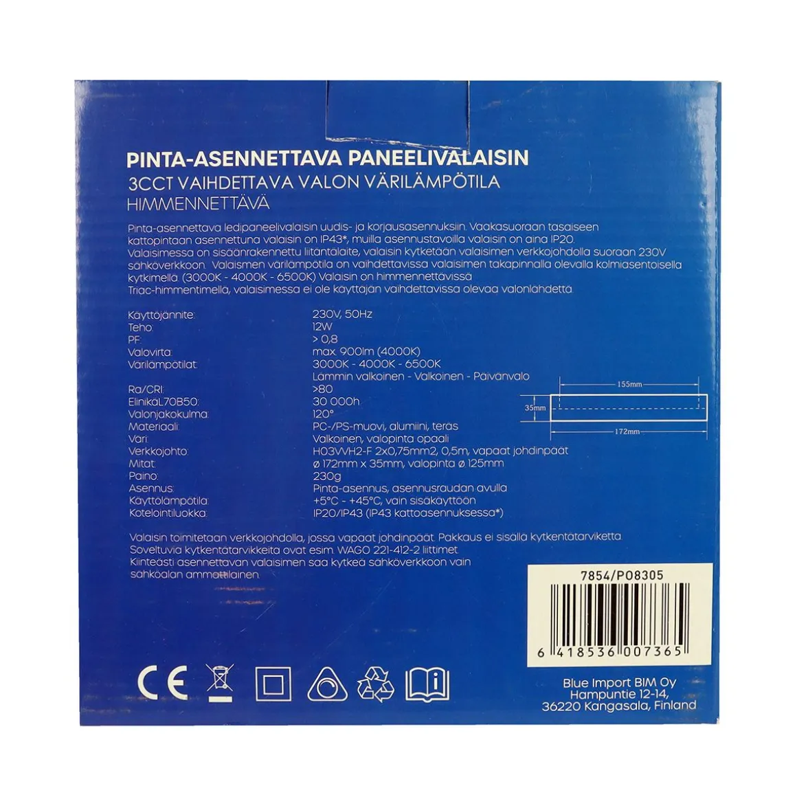 LED ENERGIE PANEELIVALAISIN LED 12W, 900LM, PINTA, 3CCT+HIMMENN