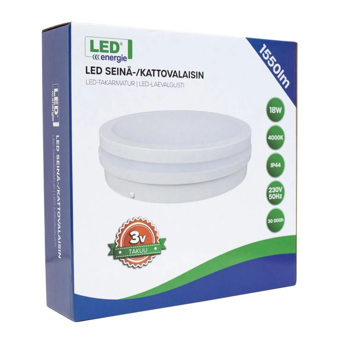 LED ENERGIE SEINÄ-/KATTOVALAISIN IP44 1550LM 18W 4000K, VALKOINEN