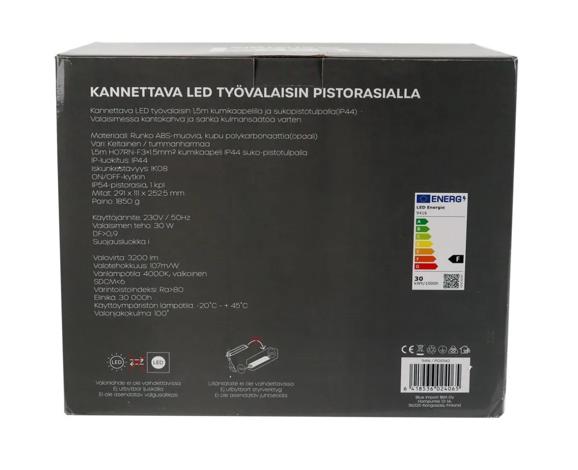 LED ENERGIE TYÖVALAISIN 30W 3200LM IP44 KANNETTAVA PISTORASIALLA