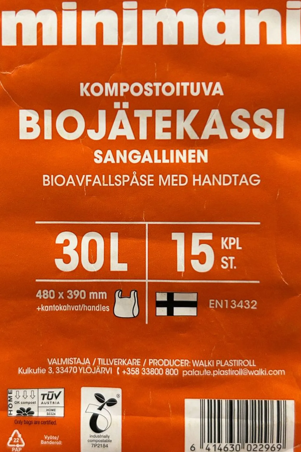 MINIMANI BIOJÄTEKASSI 30L SANGALLINEN 15 KPL