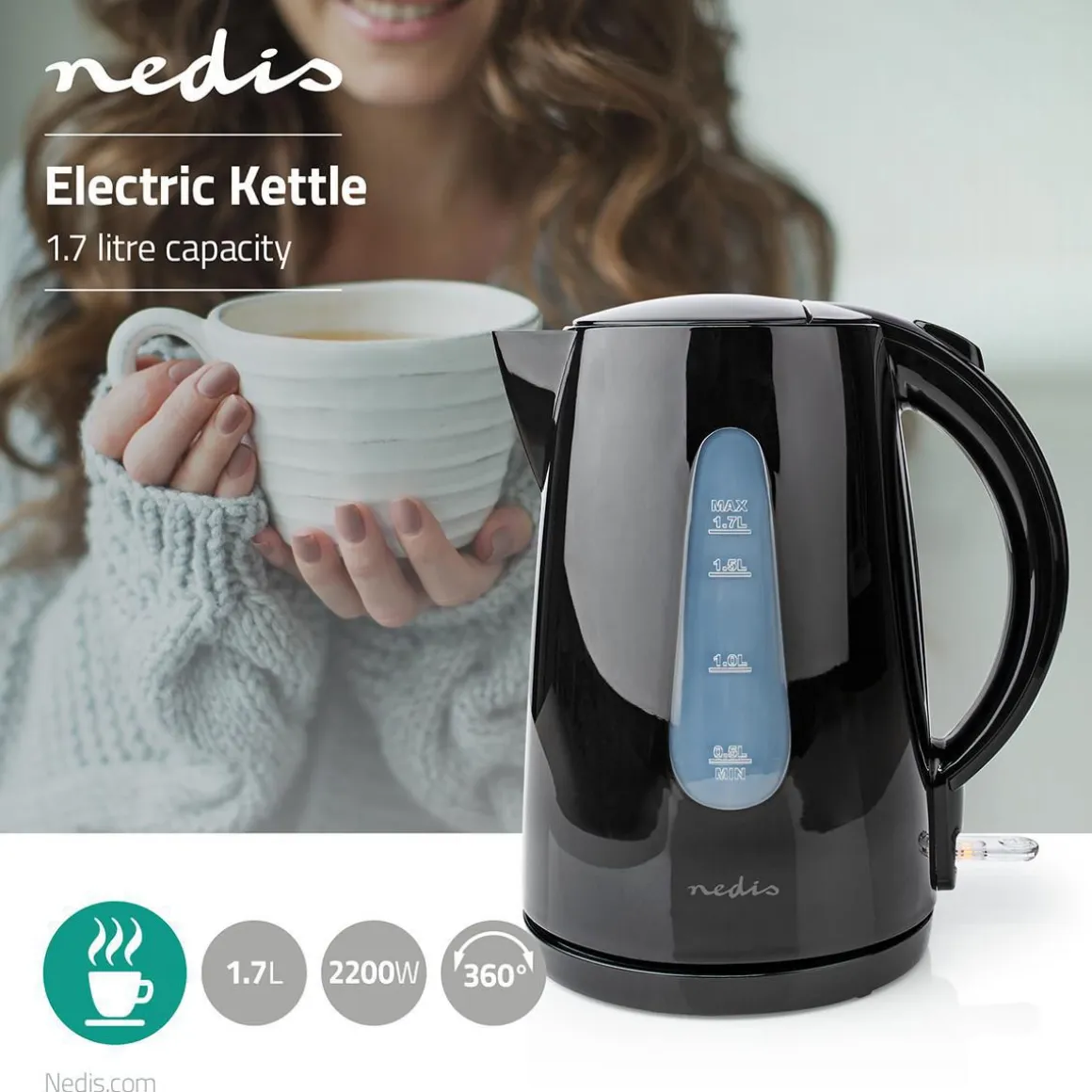 NEDIS VEDENKEITIN 1.7 L, 2200W, MUSTA, STRIX OHJAIN