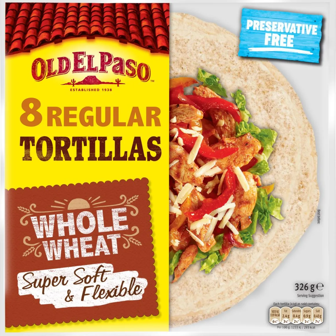 OLD EL PASO WHOLE WHEAT TORTILLAS MEDIUM 8KPL 326 G