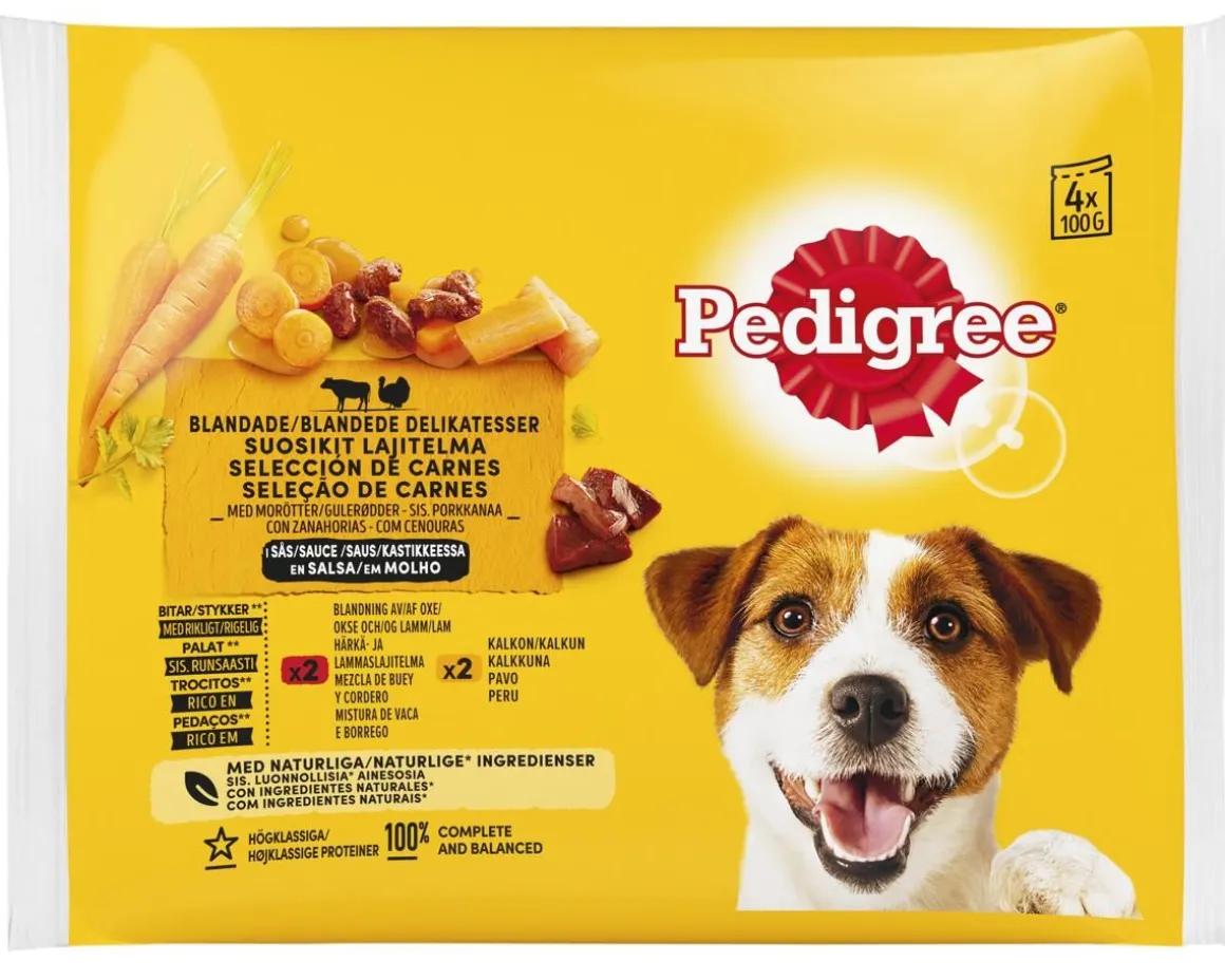 PEDIGREE ADULT KASTIKELAJ. 4X100G KANA-KASVIS/HÄRKÄ-MAKSA 400 G