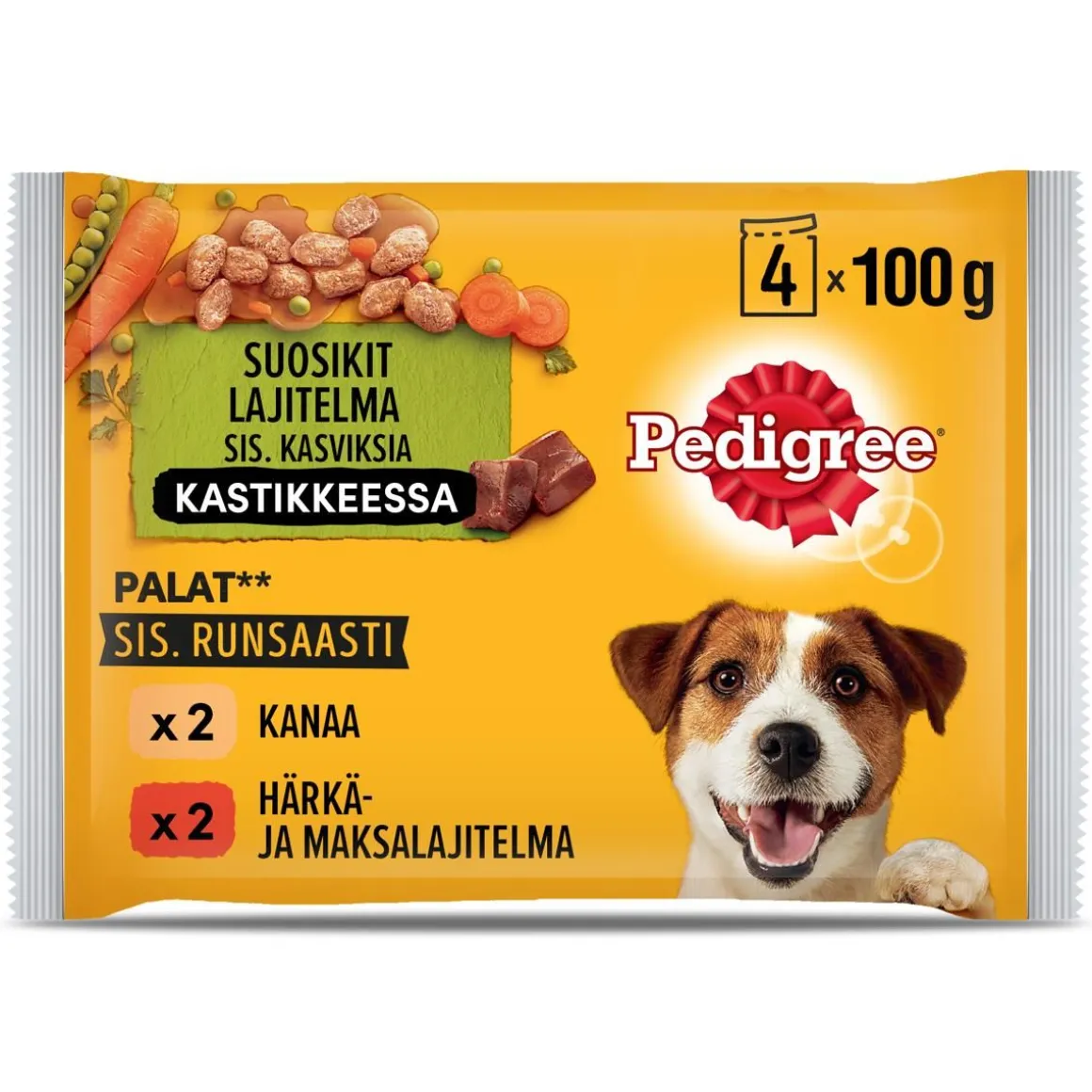 PEDIGREE ADULT KASTIKELAJ. 4X100G KANA-KASVIS/HÄRKÄ-MAKSA 400 G