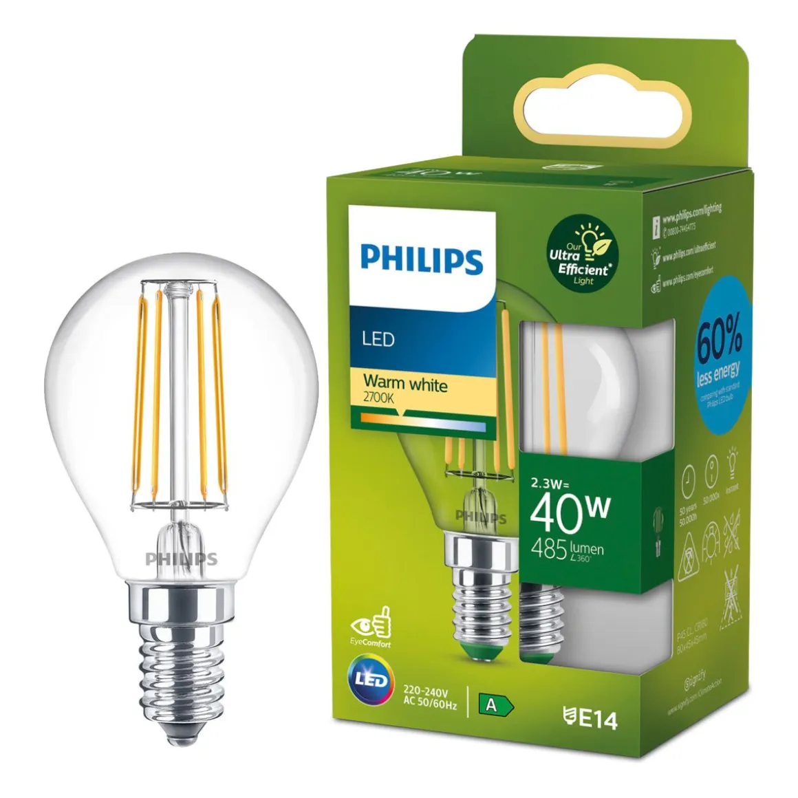PHILIPS LED LAMPPU ULTRA EFFICIENT 2,3W E14 485LM 2700K