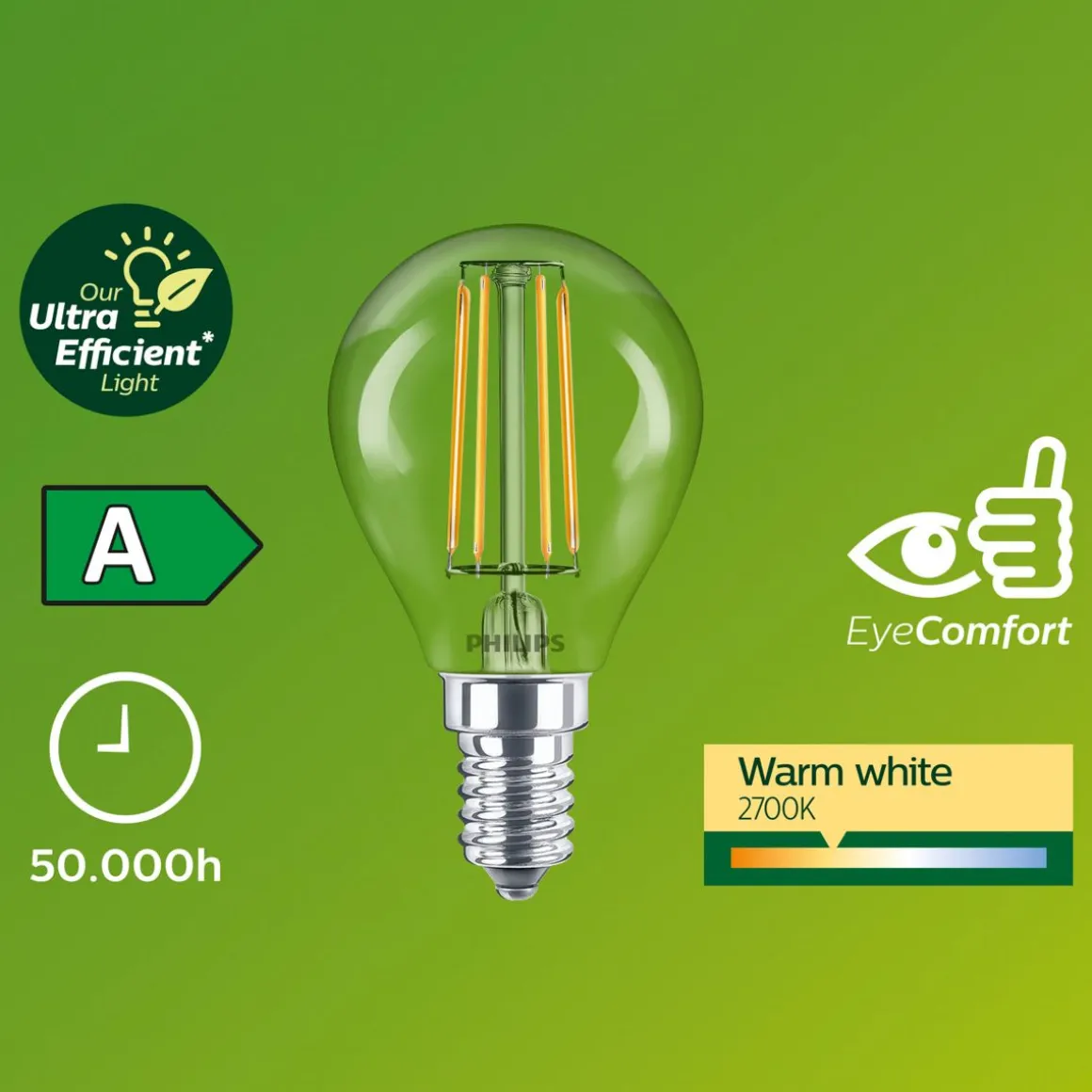 PHILIPS LED LAMPPU ULTRA EFFICIENT 2,3W E14 485LM 2700K