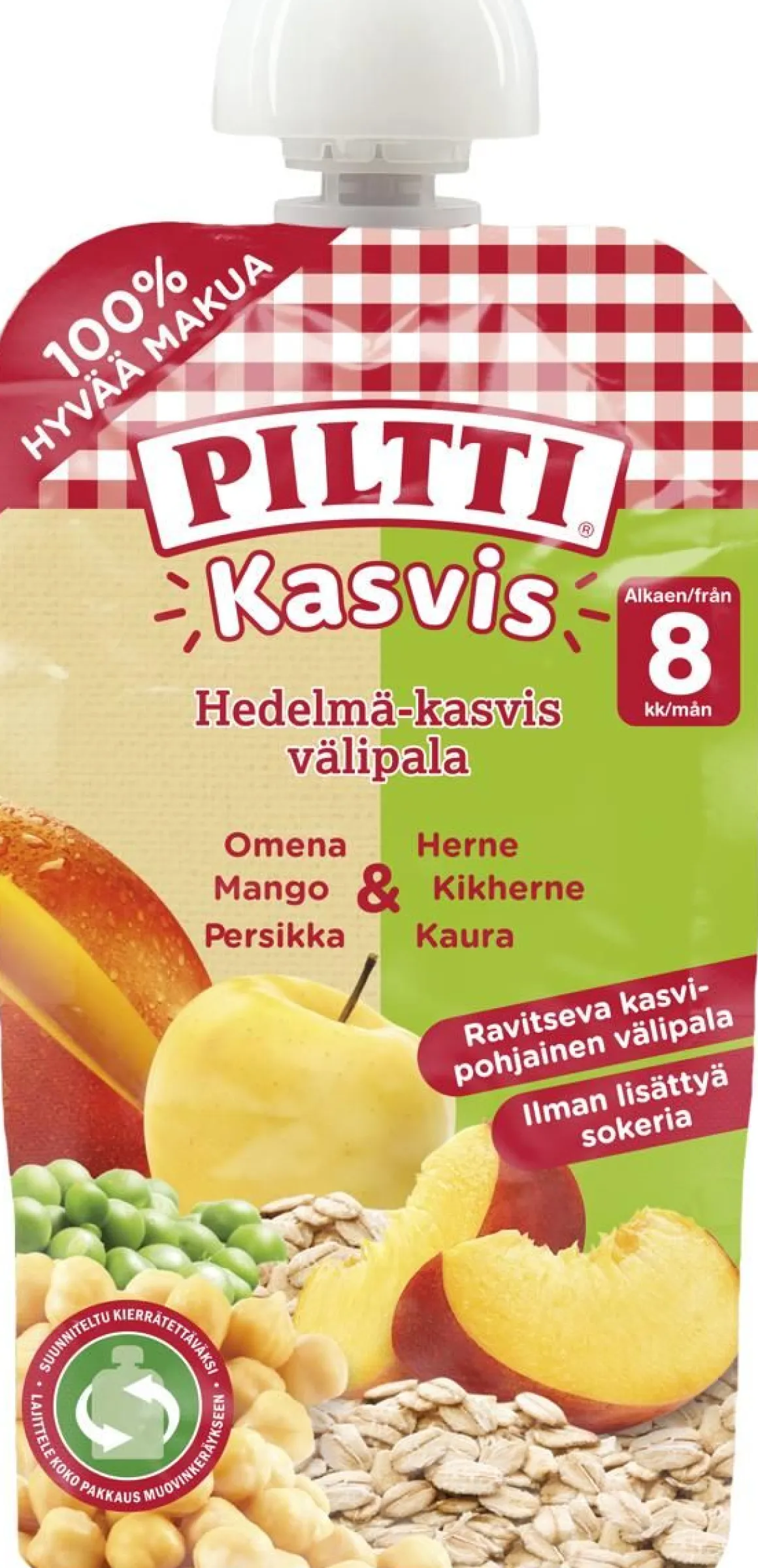 PILTTI KASVIS HEDELMÄ-KASVIS VÄLIPALA PERSIKKA-MANGO-HERNE-KIKH