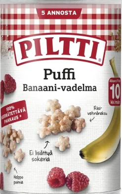 PILTTI PUFFI BANAANIN JA VADELMAN MAKUISIA RIISI- JA VEHNÄNAKSU 35 G