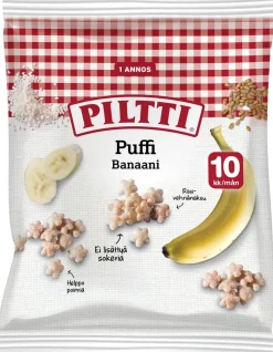 PILTTI PUFFI 7G BANAANIN MAKUISIA RIISI- JA VEHNÄNAKSUJA 10KK 7 G