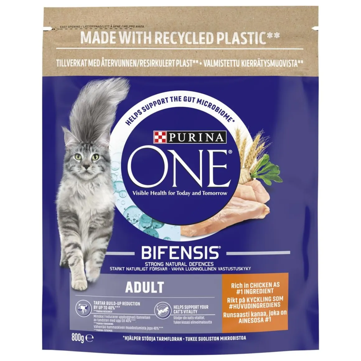 PURINA ONE KISSAN TÄYSRAVINTO ADULT RUNSAASTI KANAA & TÄYSJYVÄVILJAA 800 G